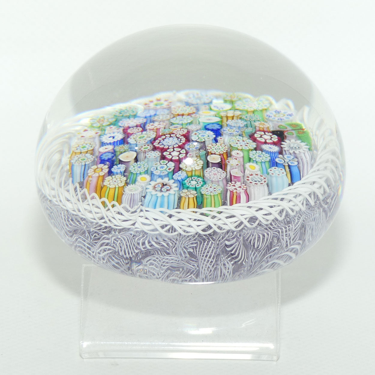 John Deacons Scotland Closepack Millefiori Torsade on Mauve Lace Magnum paperweight