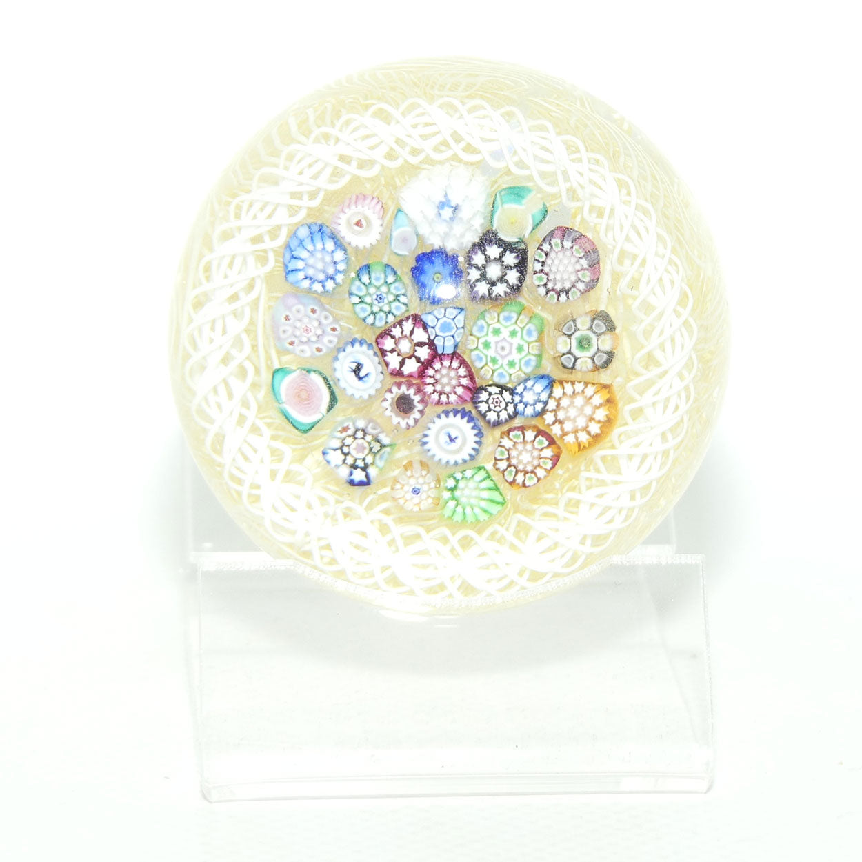 John Deacons Scotland Closepack Millefiori Torsade on Cream Medium paperweight