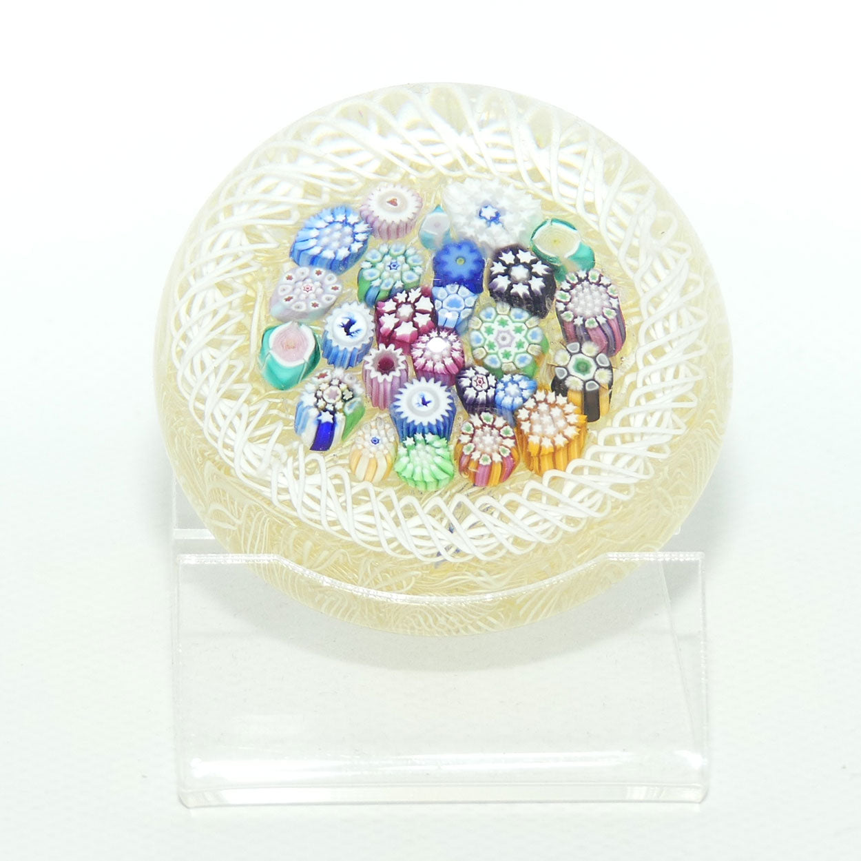 John Deacons Scotland Closepack Millefiori Torsade on Cream Medium paperweight