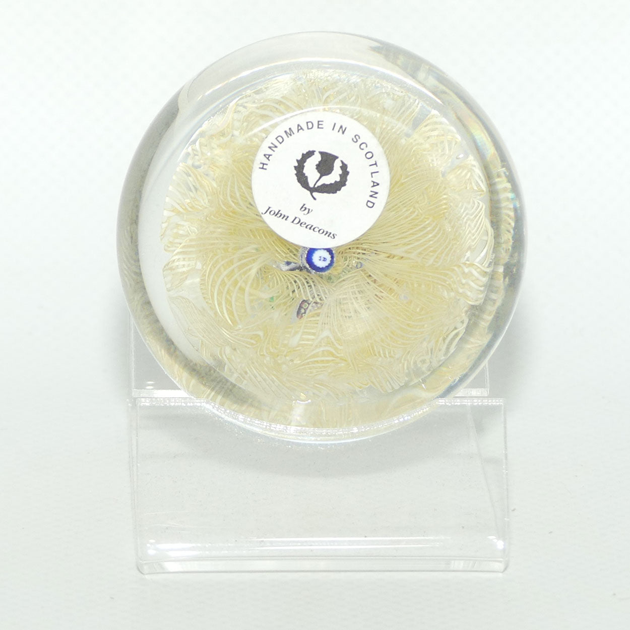 John Deacons Scotland Closepack Millefiori Torsade on Cream Medium paperweight