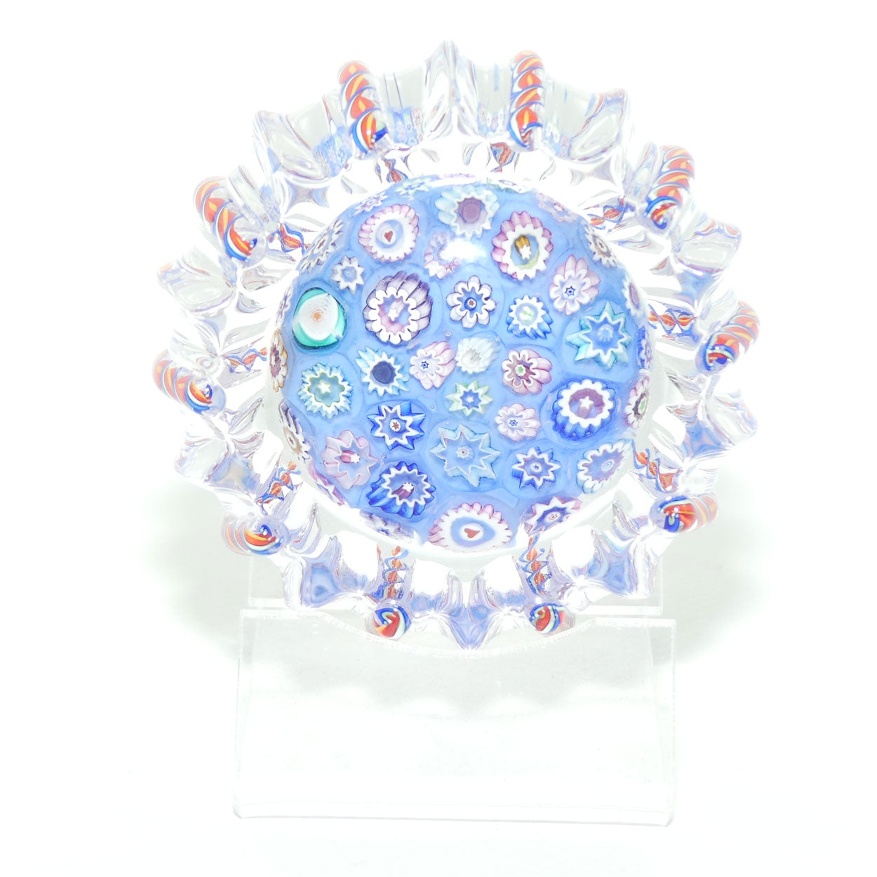 John Deacons Scotland Closepack Millefiori paperweight |  Latticino Twist Edge | Blue
