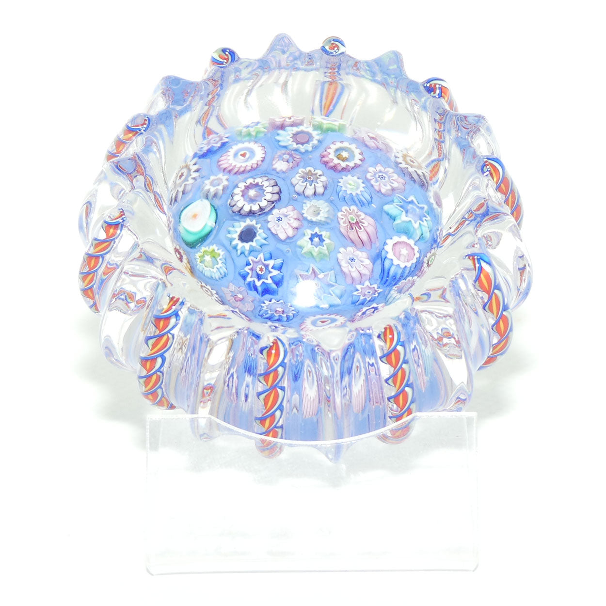 John Deacons Scotland Closepack Millefiori paperweight |  Latticino Twist Edge | Blue