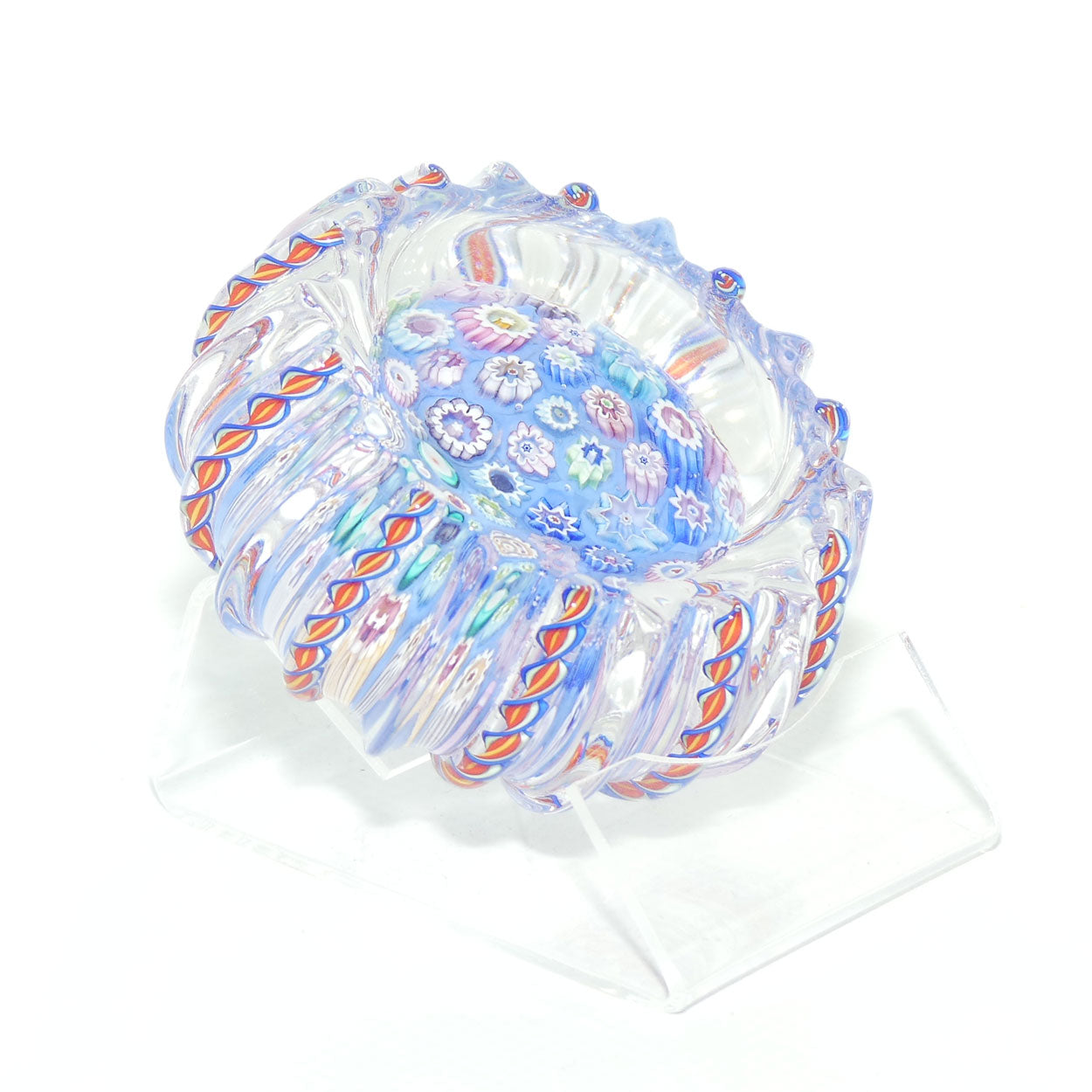 John Deacons Scotland Closepack Millefiori paperweight |  Latticino Twist Edge | Blue