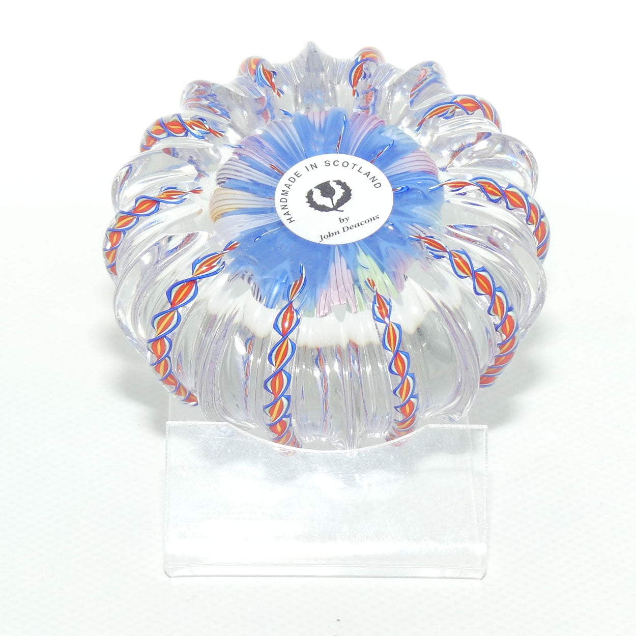 John Deacons Scotland Closepack Millefiori paperweight |  Latticino Twist Edge | Blue