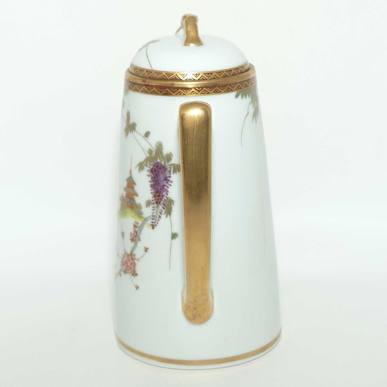 Japanese Eggshell China coffee pot decorated with Pagoda and Wisteria