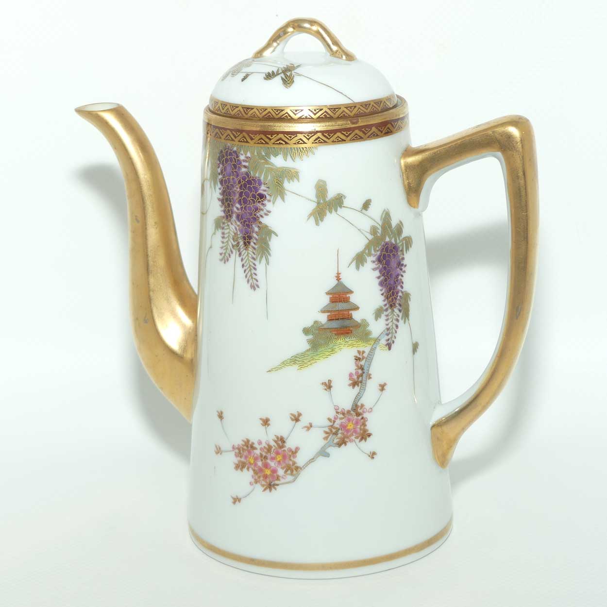 Japanese Eggshell China coffee pot decorated with Pagoda and Wisteria