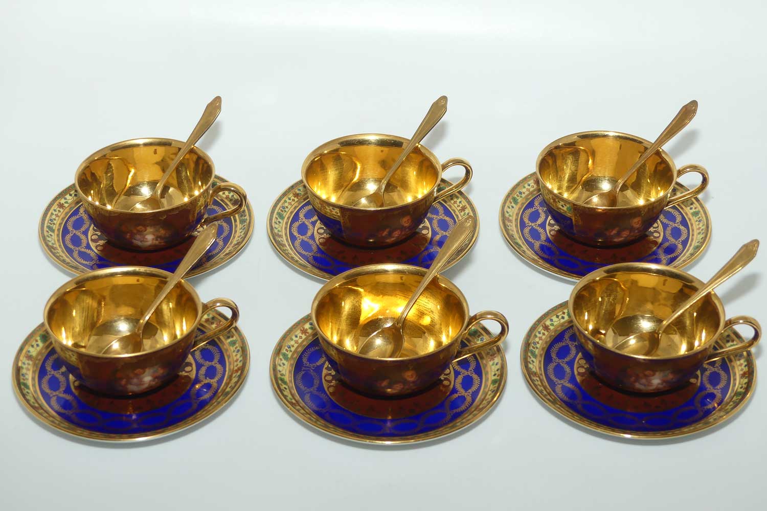 Josef Kuba Karlsbad superb gilt coffee set with Rembrandt style images + Oak Frame + spoons