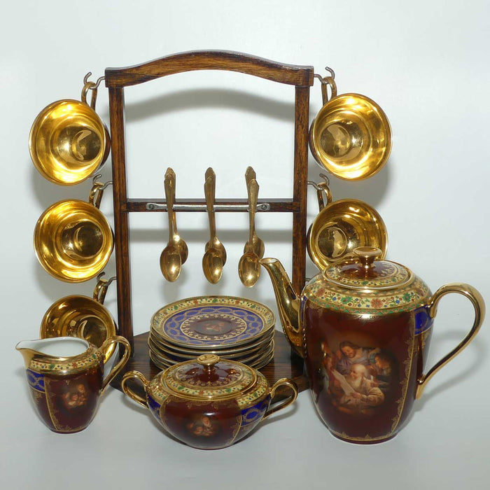 Josef Kuba Karlsbad superb gilt coffee set with Rembrandt style images + Oak Frame + spoons