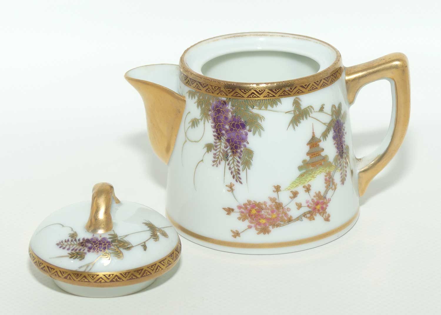 Japanese Eggshell China milk jug decorated with Pagoda and Wisteria