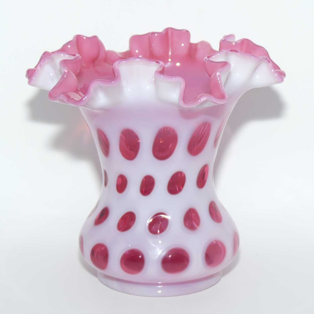 Vintage Fenton Glass Coin Dot Cranberry and Opalescent frilled rim vase