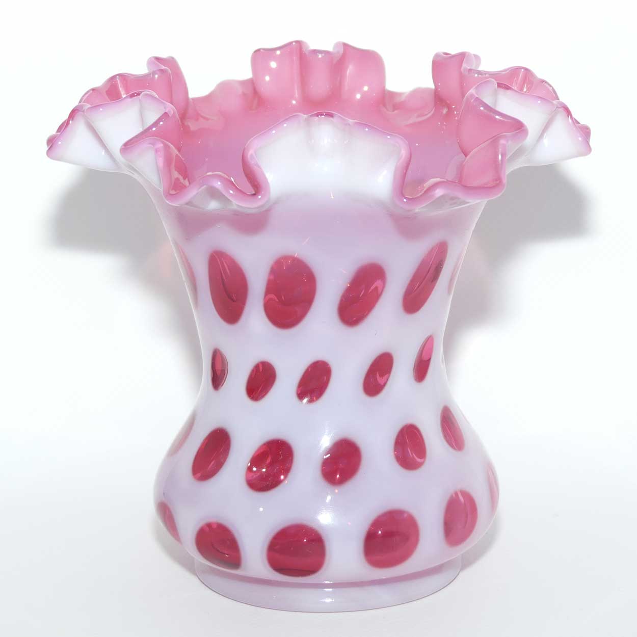 Vintage Fenton Glass Coin Dot Cranberry and Opalescent frilled rim vase