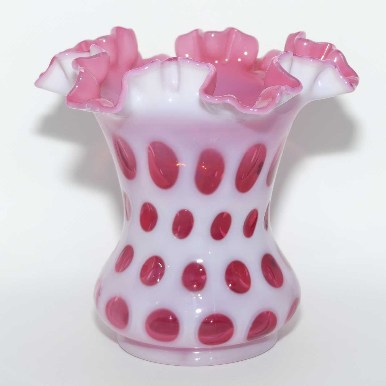 Vintage Fenton Glass Coin Dot Cranberry and Opalescent frilled rim vase