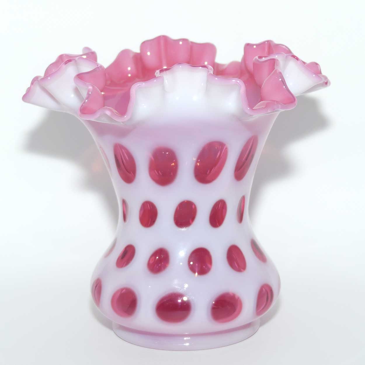 Vintage Fenton Glass Coin Dot Cranberry and Opalescent frilled rim vase