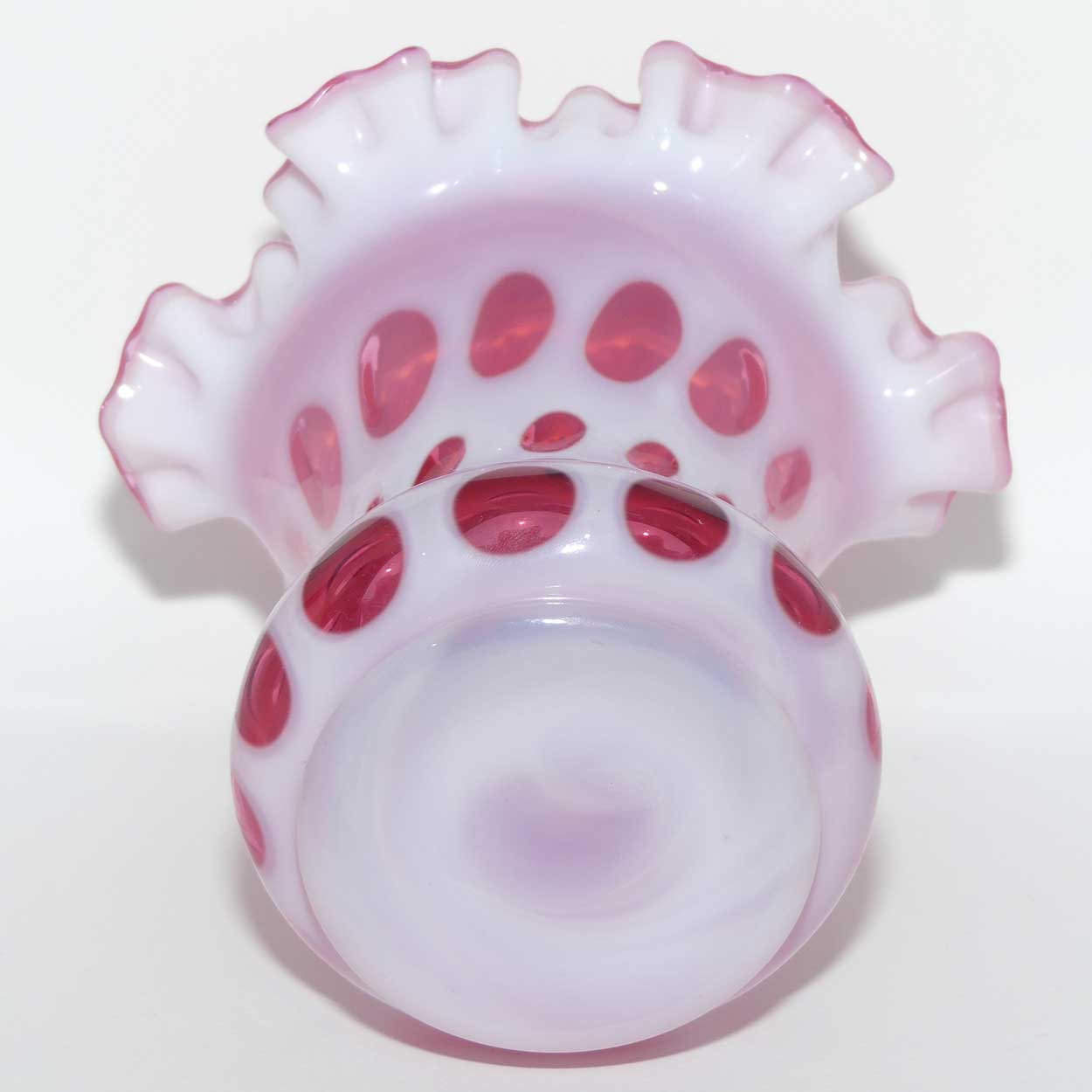 Vintage Fenton Glass Coin Dot Cranberry and Opalescent frilled rim vase