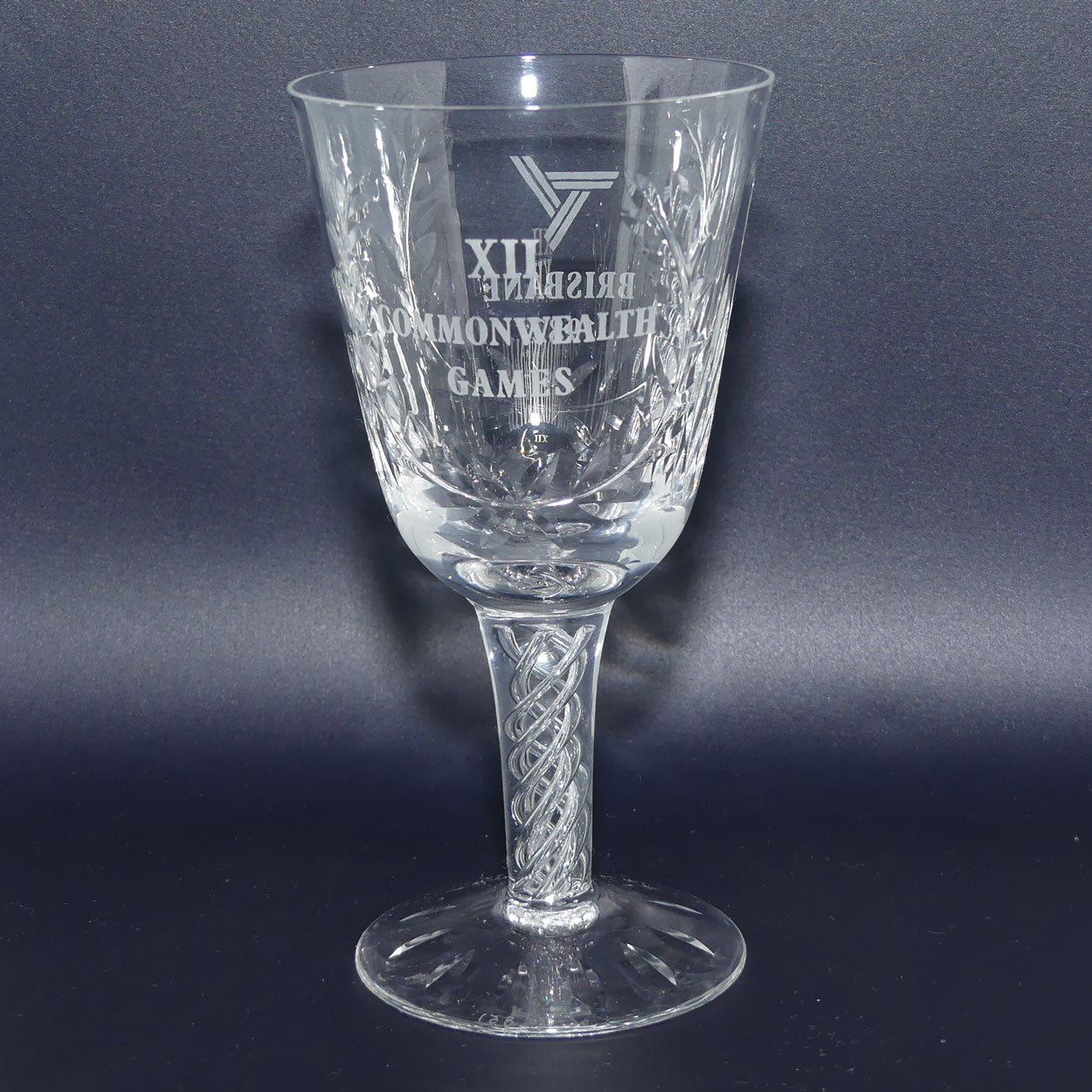 Stuart Crystal England | Commonwealth Games Brisbane 1982 Air Twist stem goblet + Certificate