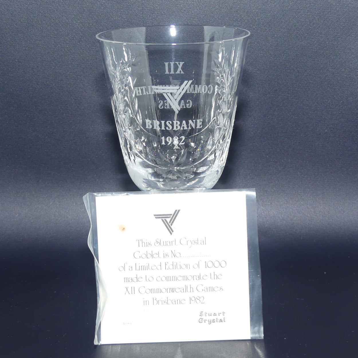 Stuart Crystal England | Commonwealth Games Brisbane 1982 Air Twist stem goblet + Certificate