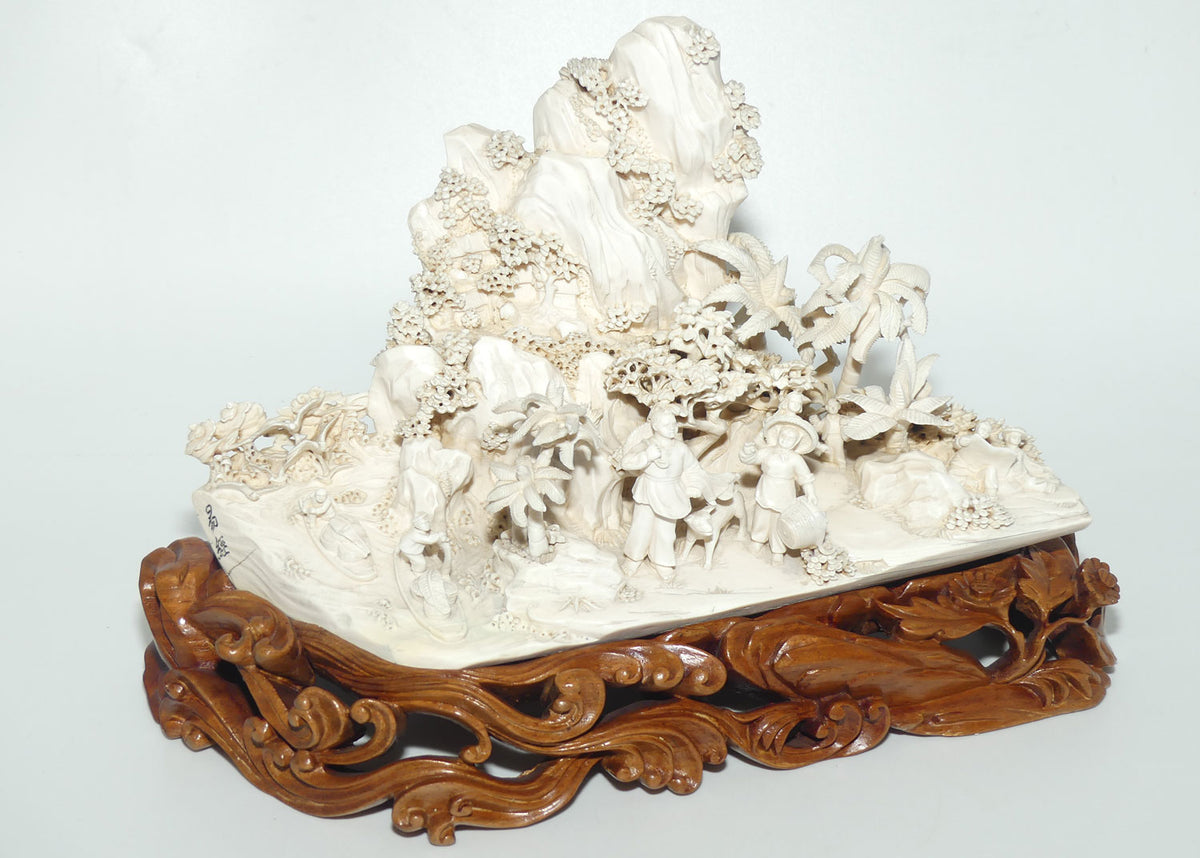 Magnificent Chinese Carved Ivory complex figure of Fishing Village on ornate wooden display stand