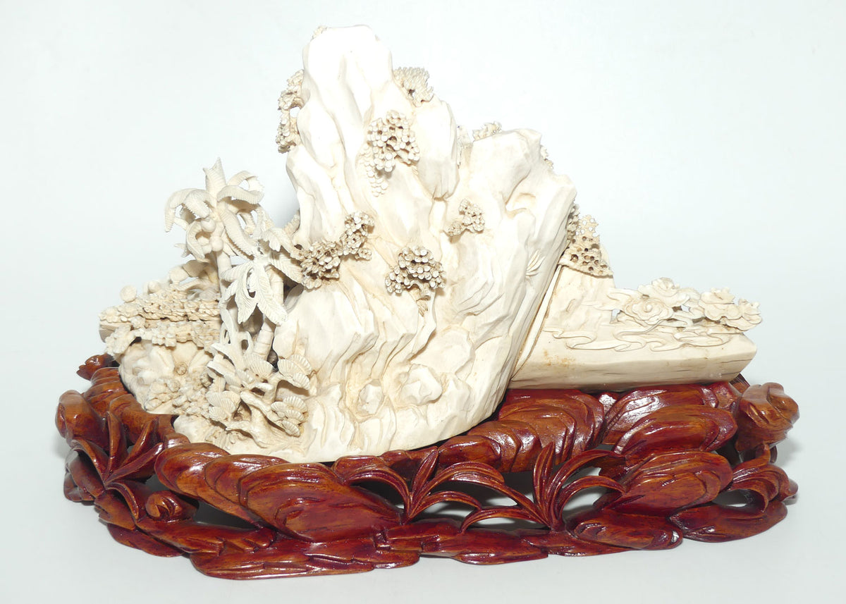 Magnificent Chinese Carved Ivory complex figure of Fishing Village on ornate wooden display stand