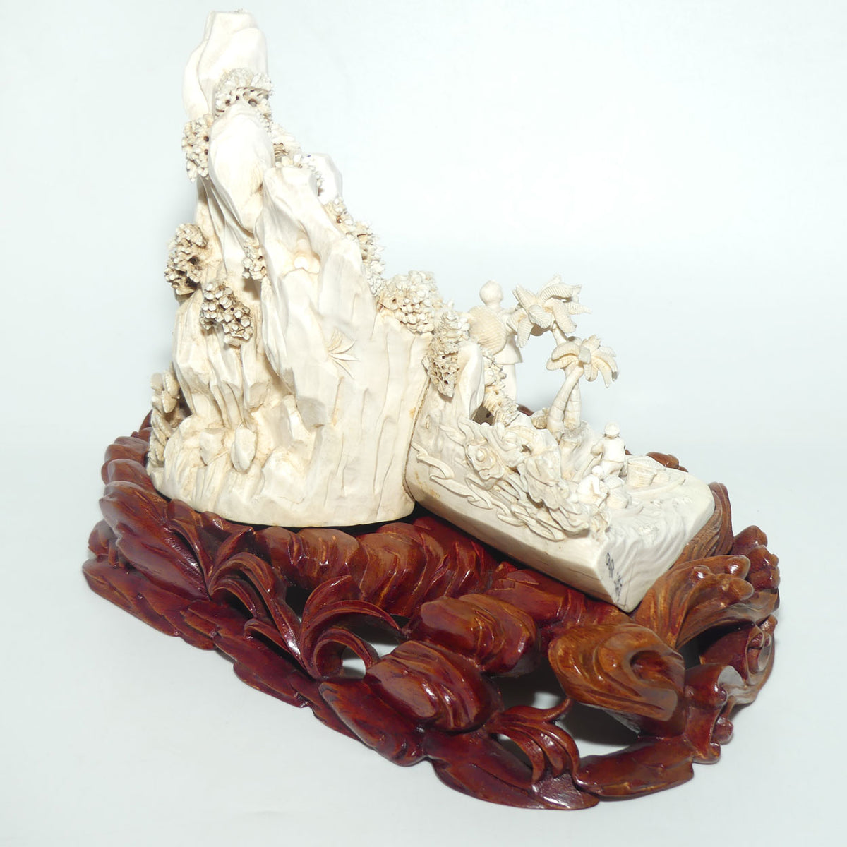 Magnificent Chinese Carved Ivory complex figure of Fishing Village on ornate wooden display stand