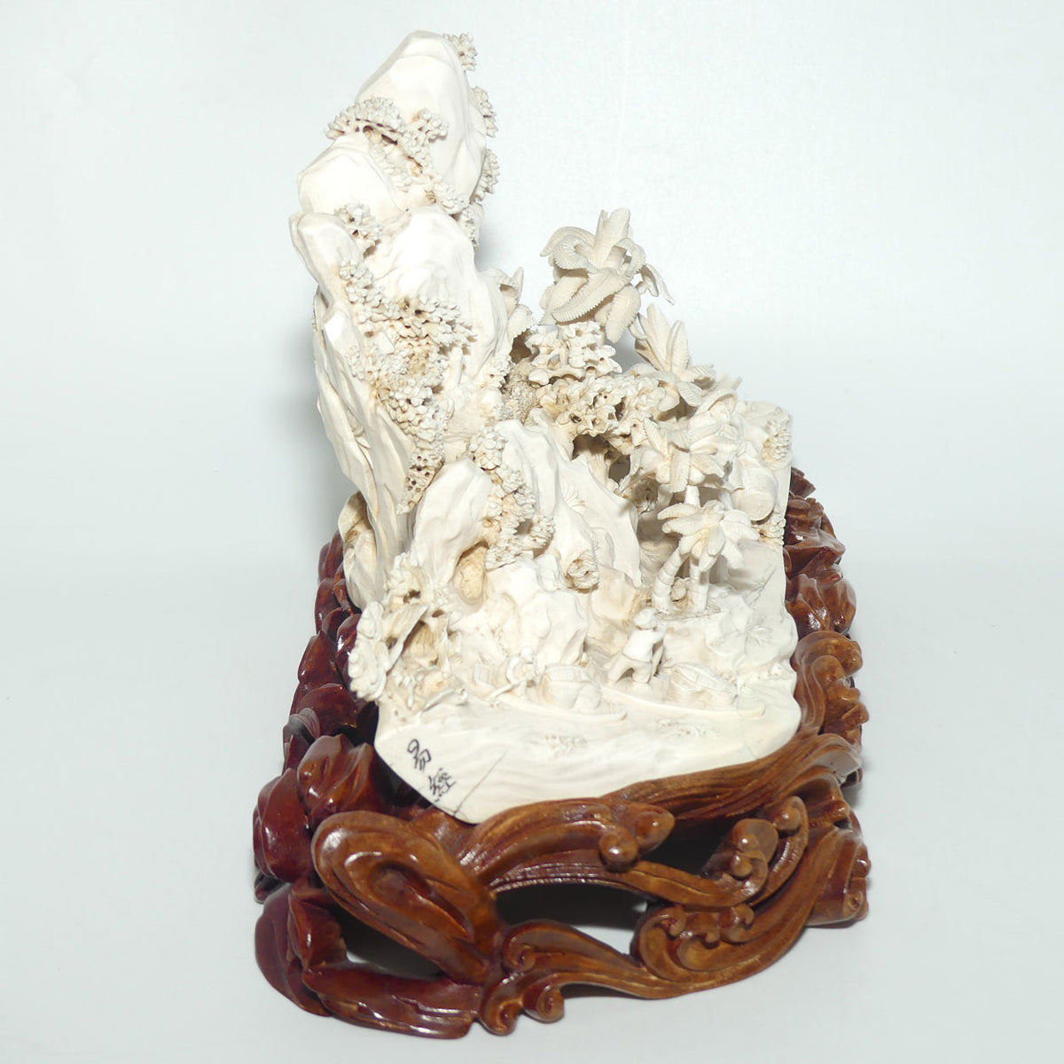 Magnificent Chinese Carved Ivory complex figure of Fishing Village on ornate wooden display stand