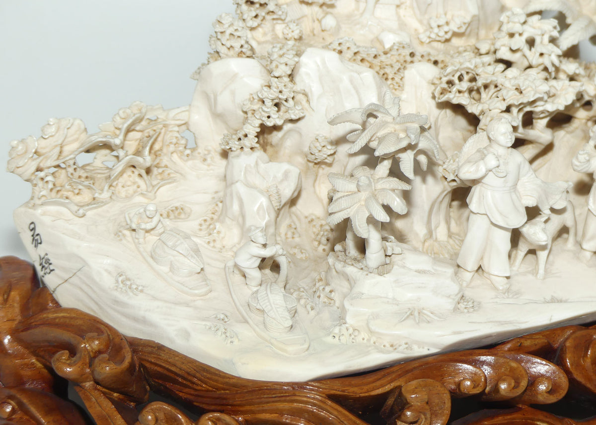 Magnificent Chinese Carved Ivory complex figure of Fishing Village on ornate wooden display stand