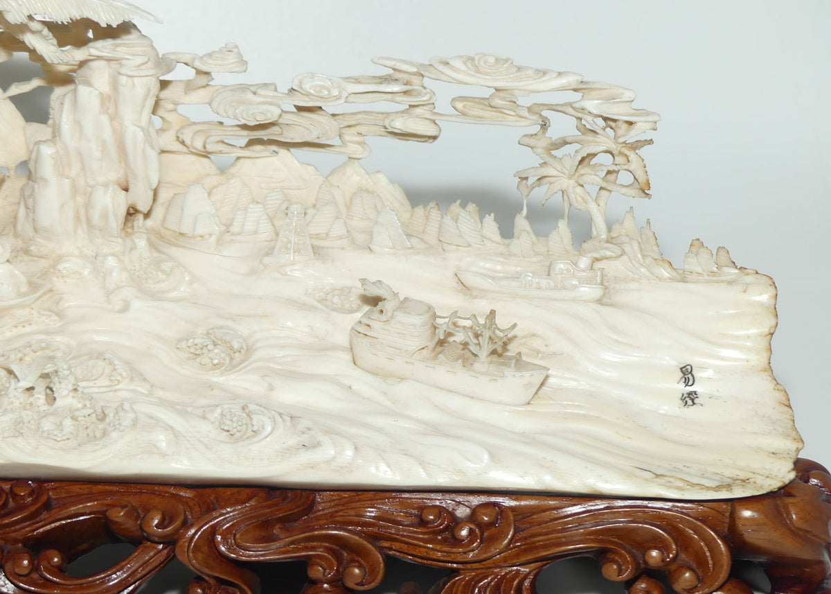 Magnificent Chinese Carved Ivory complex figure of Fishing Village on ornate wooden display stand | 42cm long