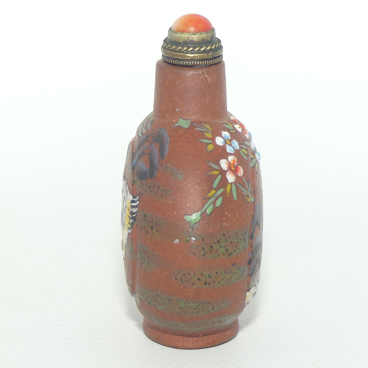 Chinese Terracotta and finely Enamelled Snuff Bottle | Red stone stopper | Chickens