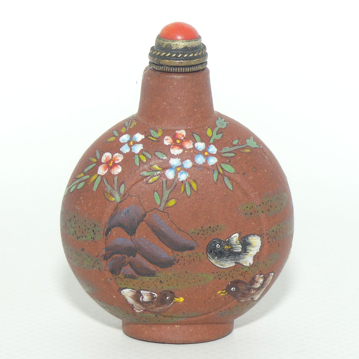Chinese Terracotta and finely Enamelled Snuff Bottle | Red stone stopper | Chickens