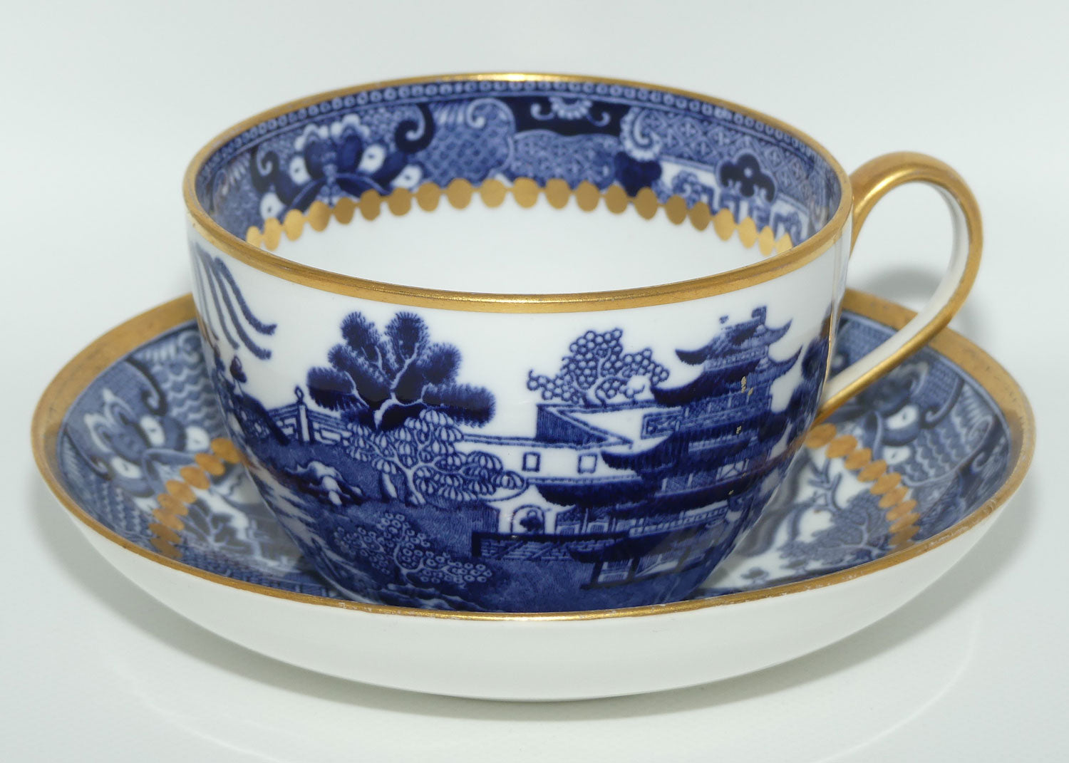 Copelands China England Traditional Willow pattern tea duo | Gilt decorated