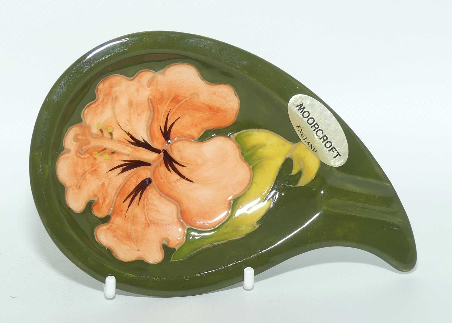 Walter Moorcroft Coral Hibiscus with Green ground curved shape ashtray