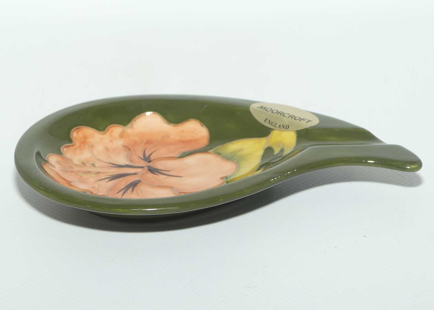 Walter Moorcroft Coral Hibiscus with Green ground curved shape ashtray