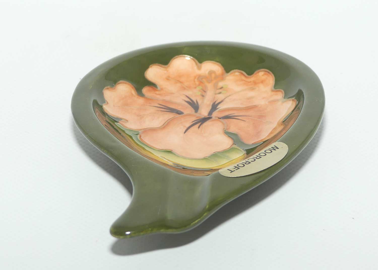 Walter Moorcroft Coral Hibiscus with Green ground curved shape ashtray