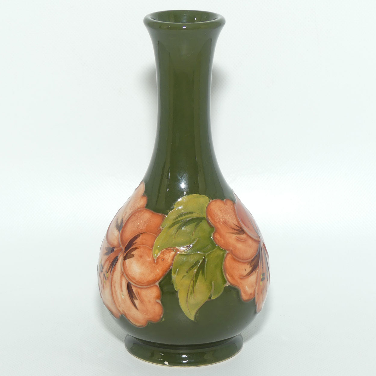 Walter Moorcroft Coral Hibiscus (Green) narrow neck vase | Shape 80
