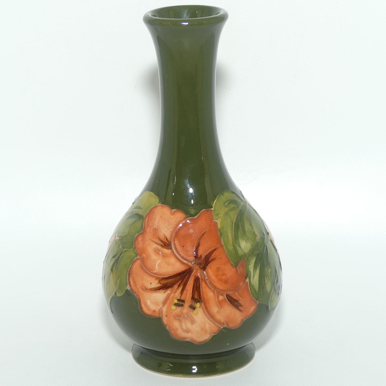 Walter Moorcroft Coral Hibiscus (Green) narrow neck vase | Shape 80