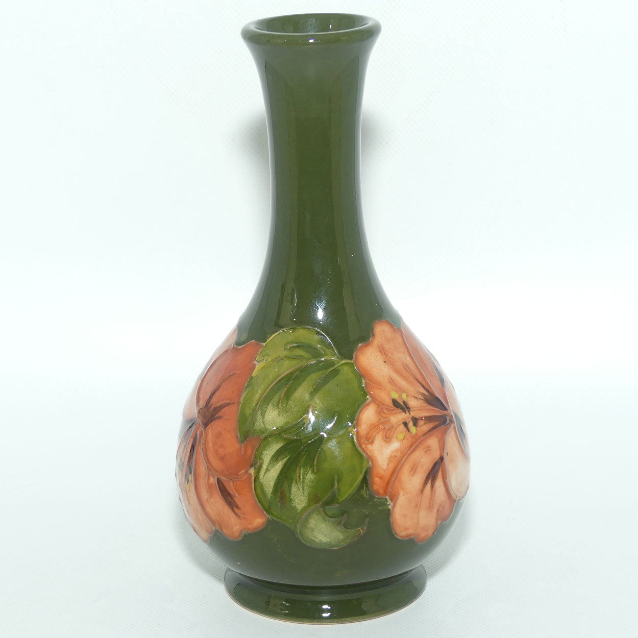 Walter Moorcroft Coral Hibiscus (Green) narrow neck vase | Shape 80