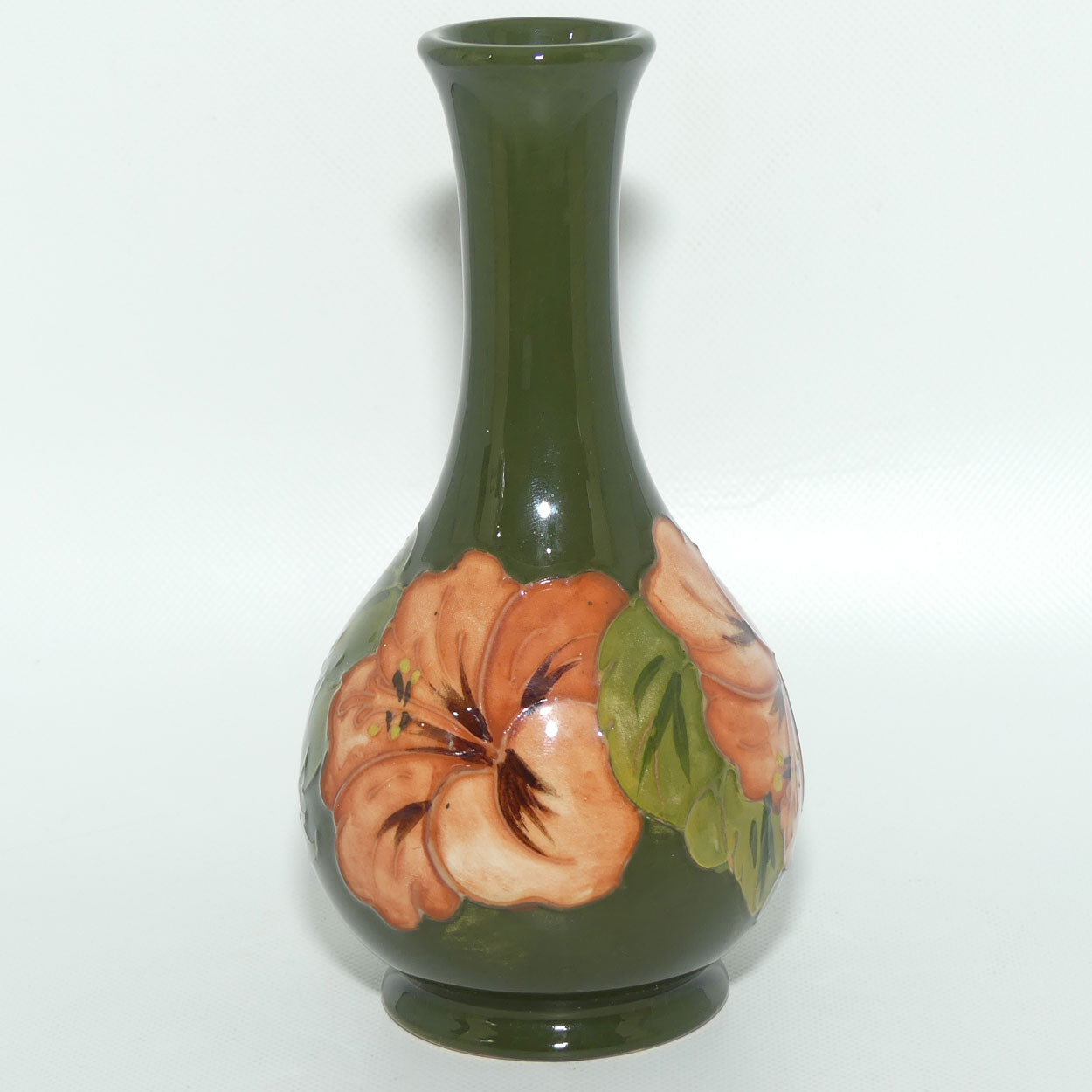 Walter Moorcroft Coral Hibiscus (Green) narrow neck vase | Shape 80