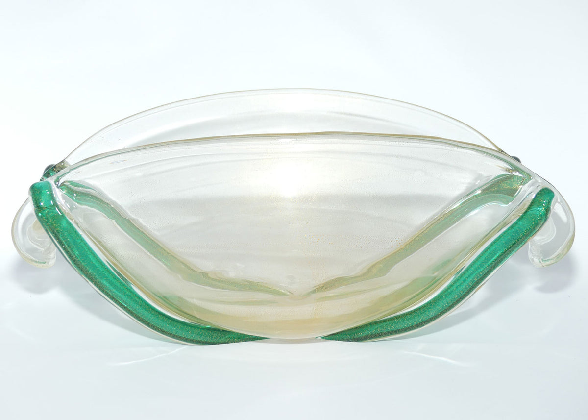 Murano Glass bowl with Aventurine Gold fleck and Applied Green cords | Oro Cordonati | by Archimede Seguso