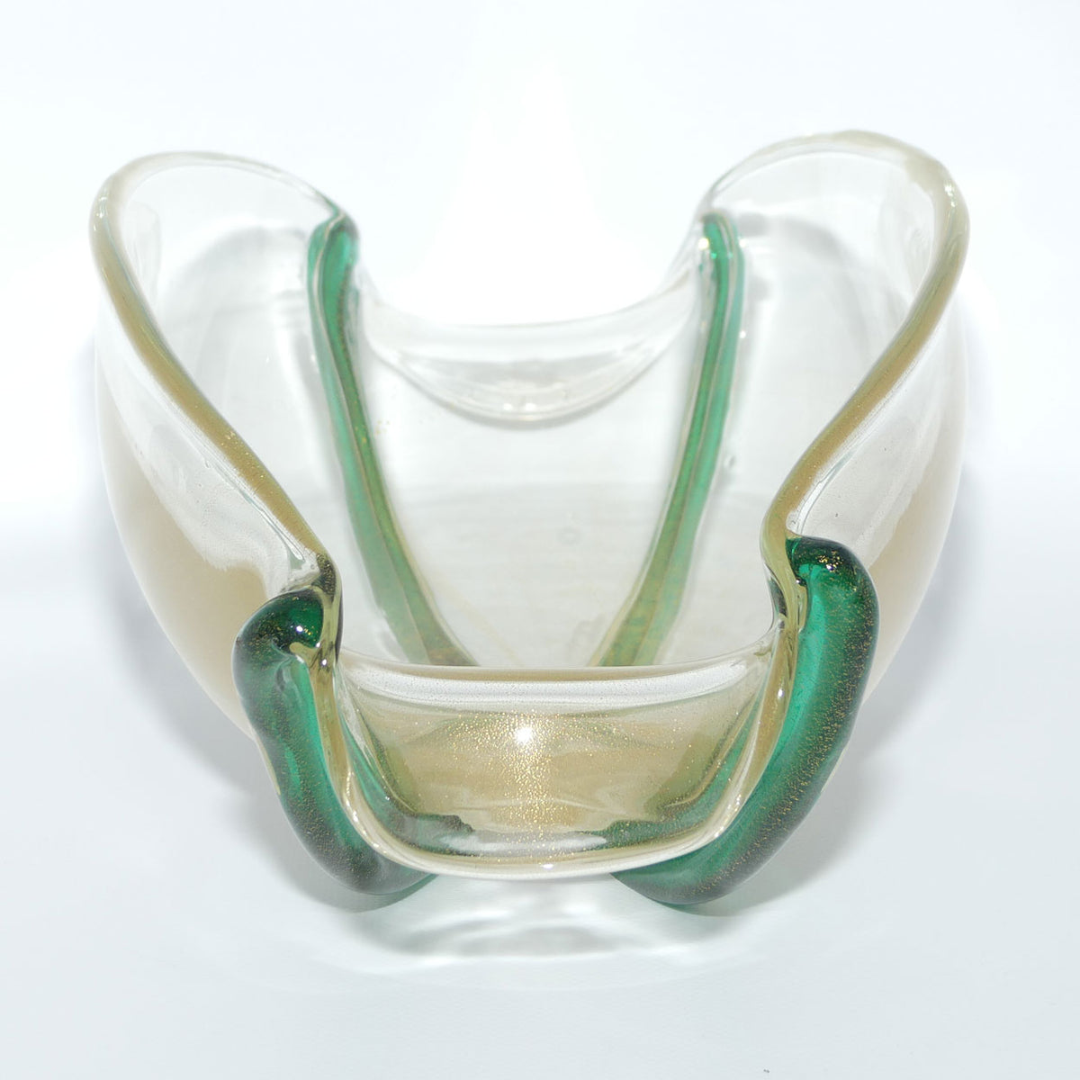 Murano Glass bowl with Aventurine Gold fleck and Applied Green cords | Oro Cordonati | by Archimede Seguso