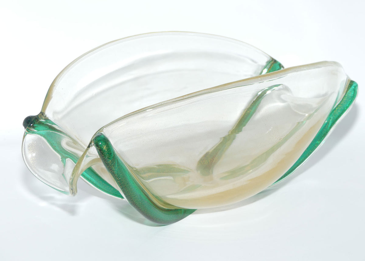 Murano Glass bowl with Aventurine Gold fleck and Applied Green cords | Oro Cordonati | by Archimede Seguso