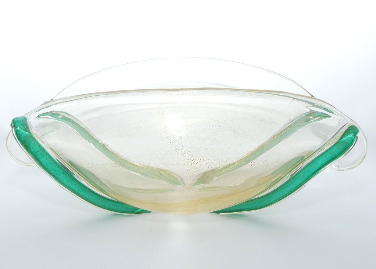 Murano Glass bowl with Aventurine Gold fleck and Applied Green cords | Oro Cordonati | by Archimede Seguso