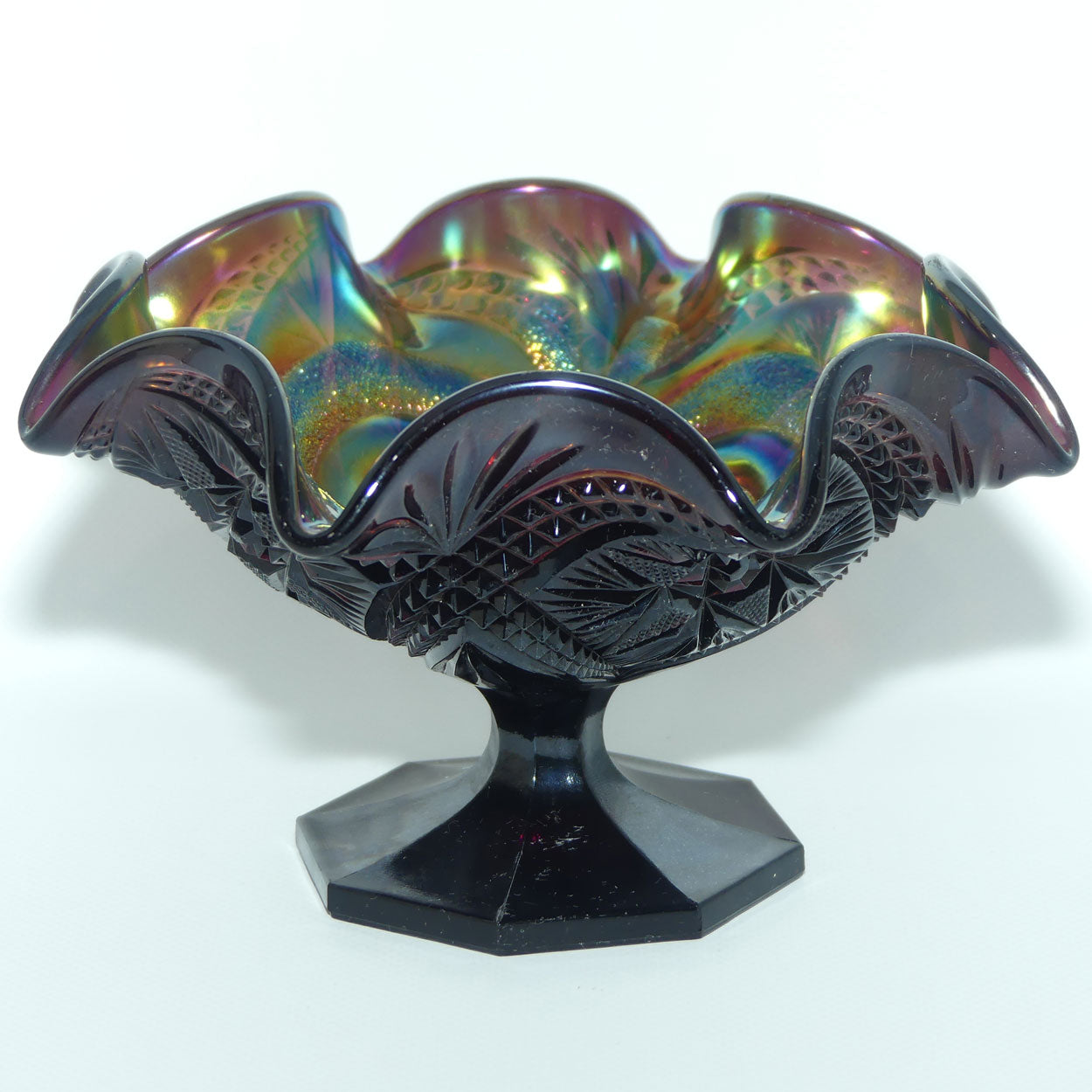 Imperial Carnival Glass comport | Scroll pattern | Amethyst colour
