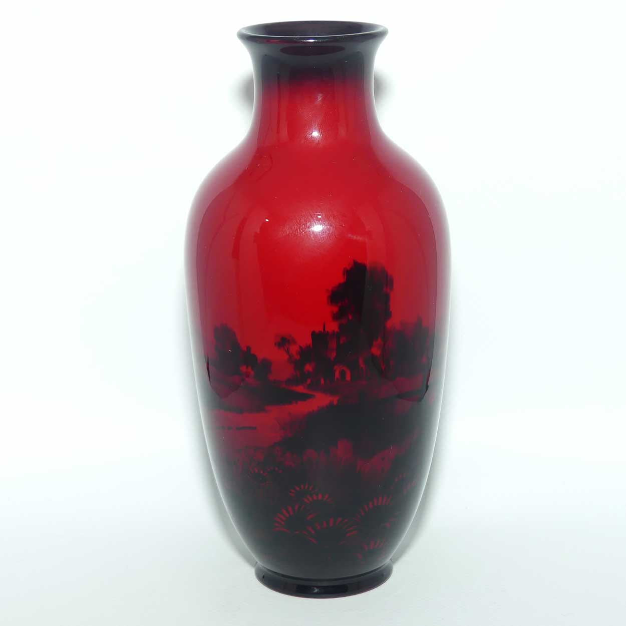 Royal Doulton Flambe Thatched Cottage and Flowers narrowed neck vase | signed FM Moore