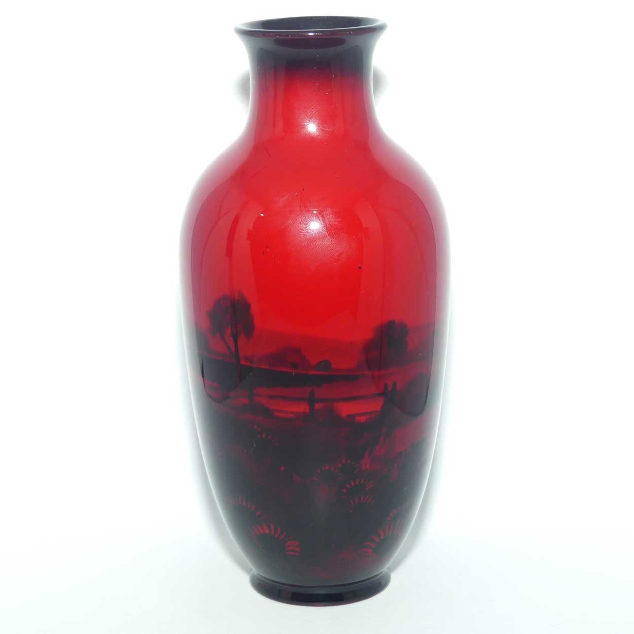 Royal Doulton Flambe Thatched Cottage and Flowers narrowed neck vase | signed FM Moore