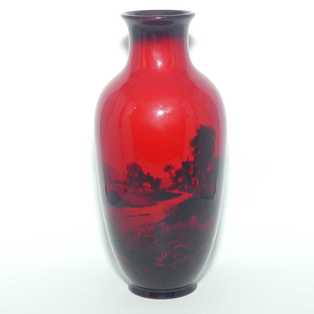 Royal Doulton Flambe Thatched Cottage and Flowers narrowed neck vase | signed FM Moore