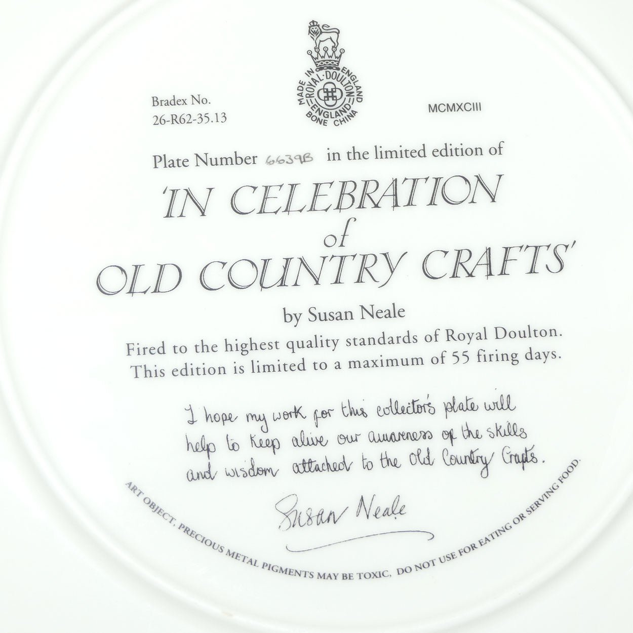 Bradex 26 R62 35.13 plate | Royal Doulton In Celebration of Old Country Crafts | Susan Neale