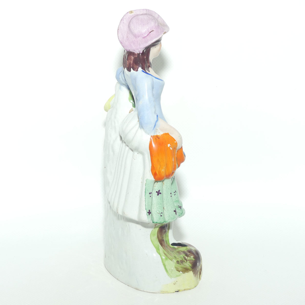 Antique Staffordshire Pottery Pair of Flatback Figures | Man with Dog | Lady with Basket