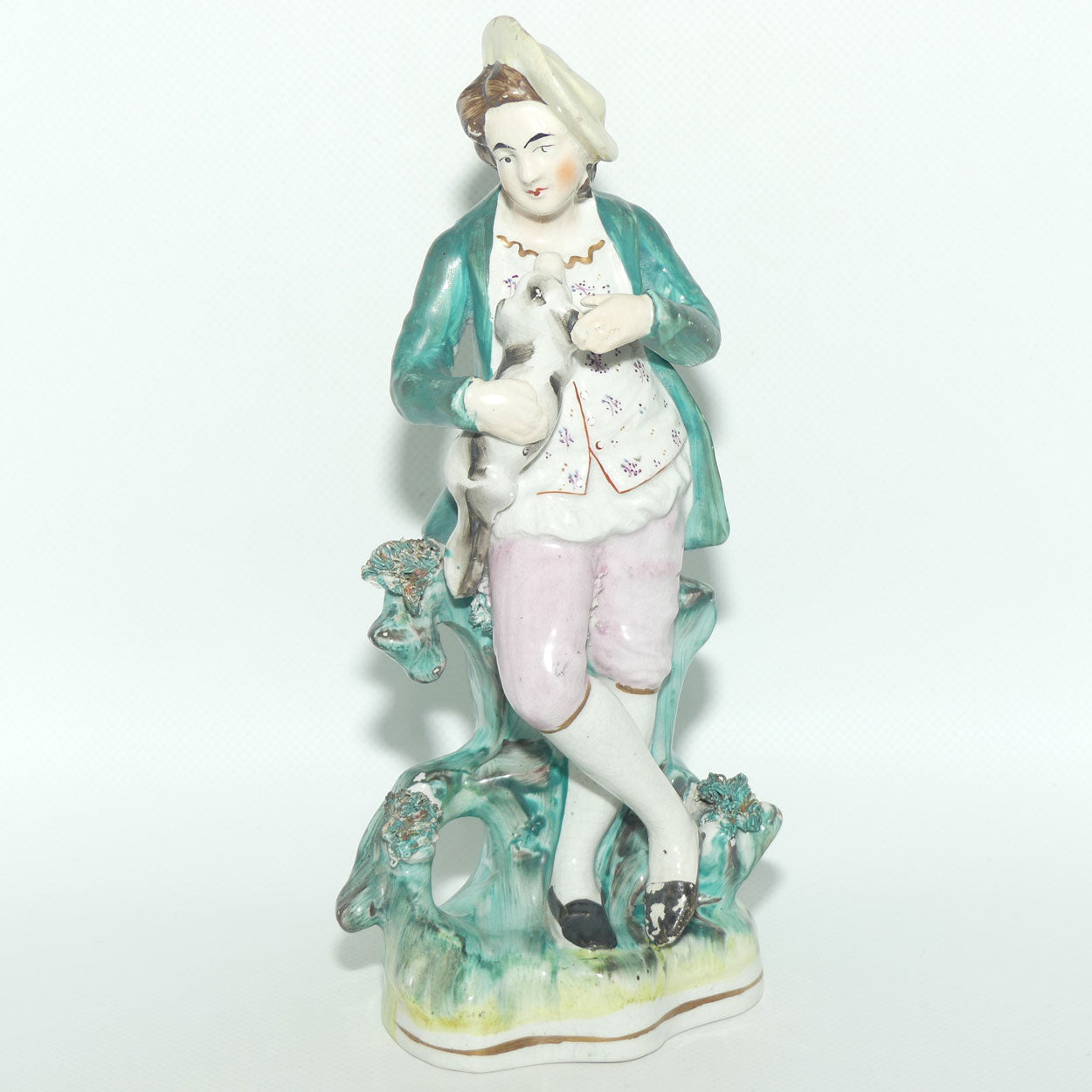 Antique Staffordshire Pottery Pair of Flatback Figures | Man with Dog | Lady with Basket