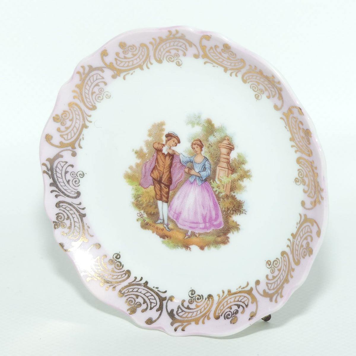 Limoges France Pink and Gilt border Courting Scene plate | 9.7cm wide