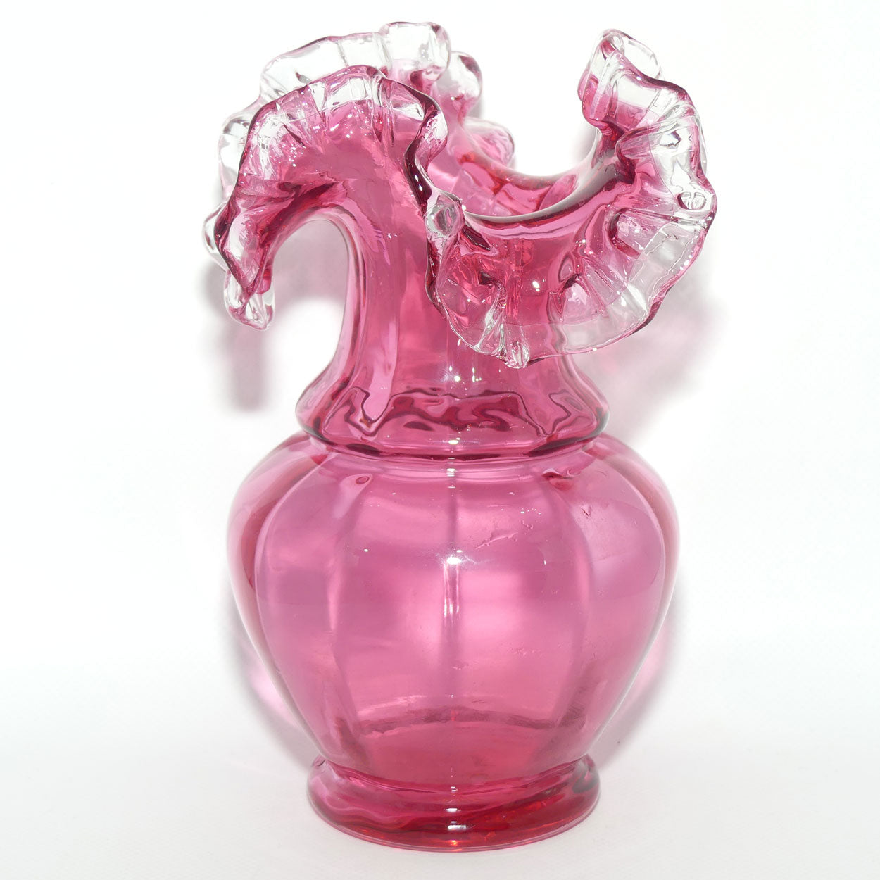 Vintage Cranberry Glass with Clear Ruffled Edge vase | #1