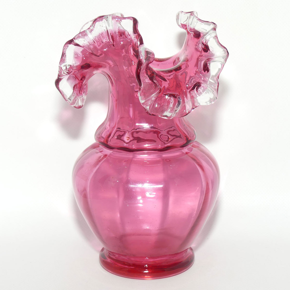 Vintage Cranberry Glass with Clear Ruffled Edge vase | #1